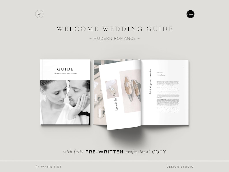 modern minimal Welcome Client Wedding Guide Magazine CANVA Template for Wedding Photographers by White Tint Design