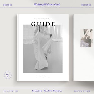 Guia moderno de boas-vindas de casamento para fotógrafos com conteúdo profissional pré-escrito, revista mínima de fotografia de casamento, editável no Canva
