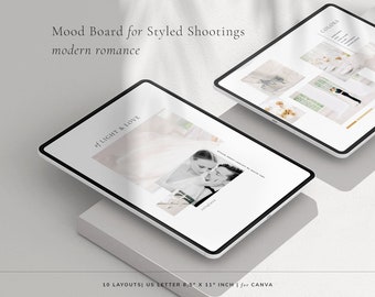 May include: Two digital tablets displaying a mood board for styled photoshoots. The top tablet shows a color palette, while the bottom tablet features a romantic photo collage with the text "of LIGHT & LOVE." The text "Mood Board for Styled Shootings modern romance" is also visible.