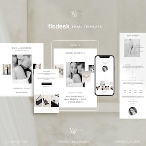 Könnte beinhalten: Eine digitale Darstellung einer Flodesk-E-Mail-Vorlagensammlung mit dem Titel Modern Romance von White Tint. Das Layout zeigt mehrere weiß gestaltete E-Mail-Designs für Emilia Monrose Wedding Photography mit Schwarz-Weiß-Fotografien, Text und Countdowns auf Tablet- und Smartphone-Bildschirmen.