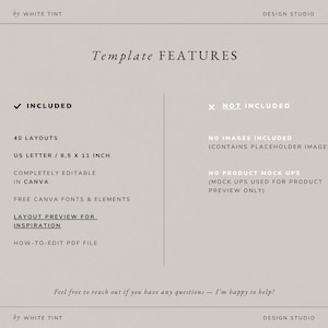 May include: A beige digital design template with the text "Template FEATURES." Included are 40 layouts, US Letter size (8.5 x 11 inches), editable in Canva, free fonts and elements, and a layout preview. Not included are images or product mockups.
