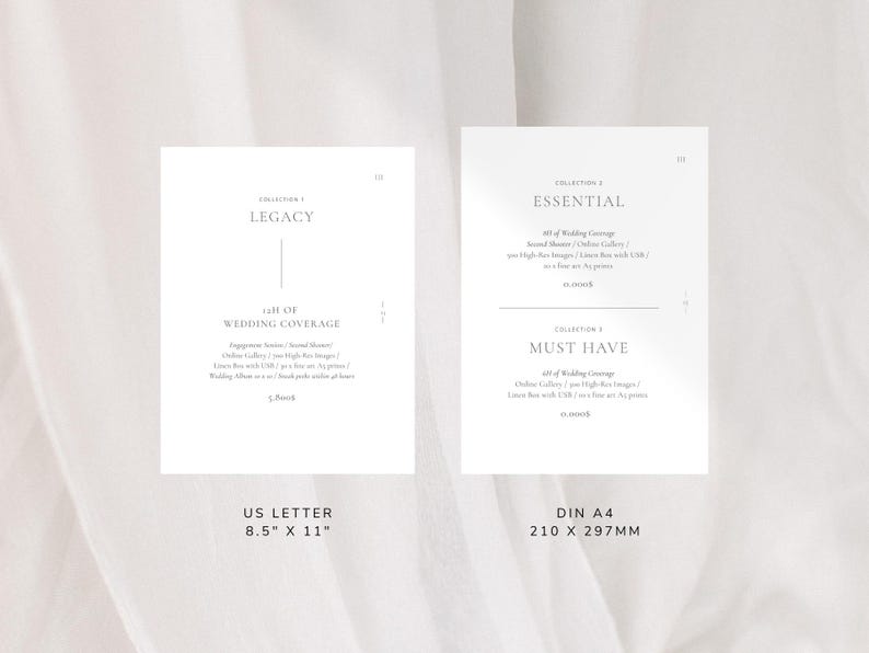 Puede incluir: Dos documentos de papel blanco con texto, uno con la etiqueta "Legacy" y el otro "Essential" y "Must Have". El documento "Legacy" es de tama&ntilde;o US Letter, 8,5 x 11 pulgadas. El otro es de tama&ntilde;o DIN A4, 210 x 297 mm. Ambos est&aacute;n sobre un fondo de tela blanca.