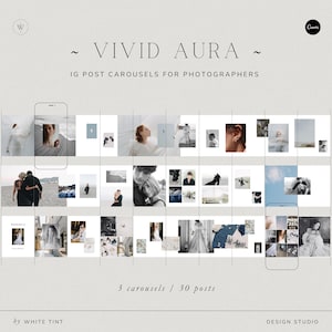 May include: A digital mockup of three Instagram carousels for photographers, each with 10 images. The carousels feature a variety of wedding and engagement photos, with a light and airy aesthetic. The text "VIVID AURA" and "IG POST CAROUSELS FOR PHOTOGRAPHERS" is displayed at the top of the image.