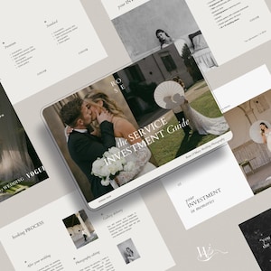 Könnte beinhalten: Layout von Marketingmaterialien für einen Hochzeitsfotografie-Service. Im Zentrum steht ein Tablet mit einem Foto eines sich küssenden Paares. Drumherum Broschüren mit Text und Bildern, darunter "Service Investment Guide".