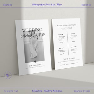 Lista de preços de fotografia, folha de preços de serviços modernos para fotógrafos de casamento, guia de preços para impressão, modelo Canva, cartão promocional mínimo
