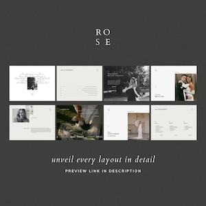 May include: A dark gray graphic with the word "ROSE" at the top. Below are eight rectangular images with text and photographs. The text "unveil every layout in detail" and "PREVIEW LINK IN DESCRIPTION" are at the bottom.