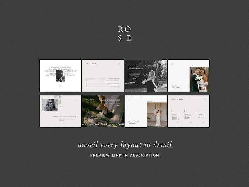 May include: A dark gray graphic with the word "ROSE" at the top. Below are eight rectangular images with text and photographs. The text "unveil every layout in detail" and "PREVIEW LINK IN DESCRIPTION" are at the bottom.