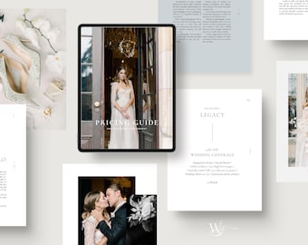Plantilla elegante de guía de precios prediseñada para fotógrafos de bodas y revistas de fotografía artística de lujo. Editable en Canva.