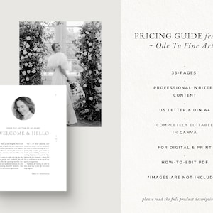 Puede incluir: Imagen en blanco y negro de una gu&iacute;a de precios de bodas con el texto "WELCOME & HELLO" y "PRICING GUIDE features - Ode To Fine Art -". La gu&iacute;a incluye 36 p&aacute;ginas, contenido profesional y es editable en Canva.