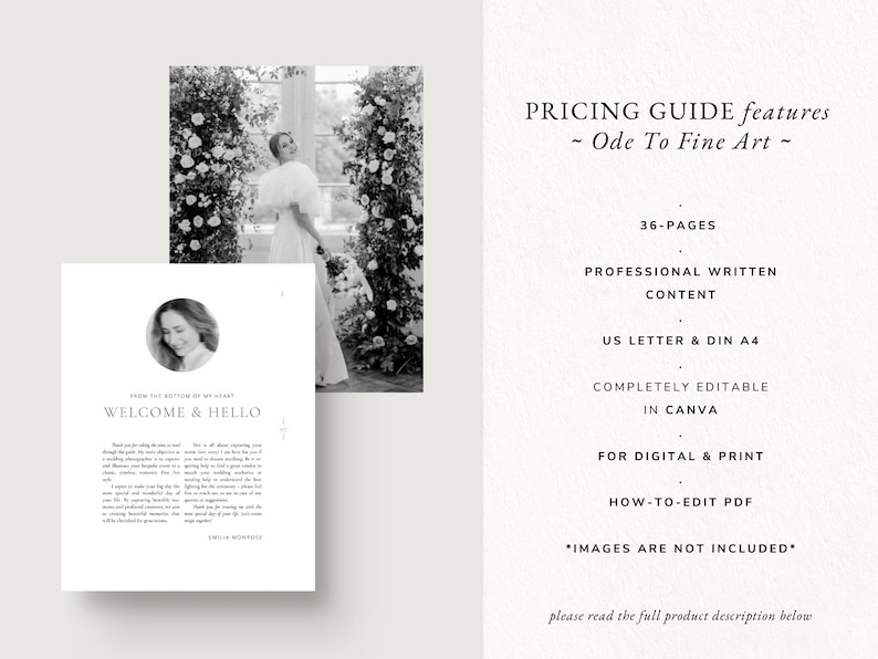 Puede incluir: Imagen en blanco y negro de una gu&iacute;a de precios de bodas con el texto "WELCOME & HELLO" y "PRICING GUIDE features - Ode To Fine Art -". La gu&iacute;a incluye 36 p&aacute;ginas, contenido profesional y es editable en Canva.