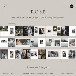 May include: An advertisement for Instagram carousels aimed at wedding photographers. The image displays a grid of 30 posts, each featuring a black and white wedding photograph. Text includes "ROSE" and "3 carousels / 30 posts."