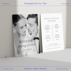 Listino prezzi minimo per fotografie, foglio prezzi di servizio moderno per fotografi di matrimoni, modello Canva con guida ai prezzi stampabile, biglietto promozionale