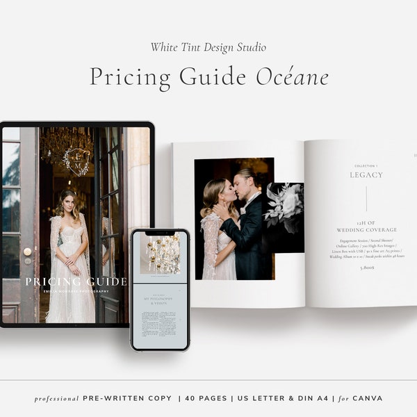 Plantilla de revista de guía de precios de Canva preescrita elegante para fotógrafos de bodas, lista de precios de servicios de fotografía de bodas de bellas artes modernas