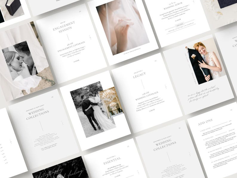 modern elegant wedding photography pricing services guide template for wedding photographers editable in Canva white tint design