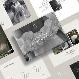 Könnte beinhalten: Schwarz-Weiß-Bild eines Hochzeitsdienst-Investment-Leitfadens mit dem Wort "ROSE" oben. Der Leitfaden trägt den Titel "the SERVICE INVESTMENT guide SPRING 2020". Weitere Seiten mit Hochzeitsbildern und Text sind um den Leitfaden herum angeordnet.