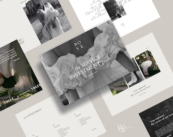 May include: A grayscale image featuring a wedding service investment guide with the word "ROSE" at the top. The guide includes the text "the SERVICE INVESTMENT guide SPRING 2020". Surrounding the guide are other pages with wedding-related images and text.