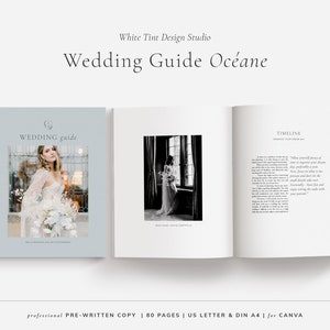 Elegante guía de bienvenida preescrita en Canva para fotógrafos de bodas. Plantilla moderna y de lujo para revista de fotografía de bodas.