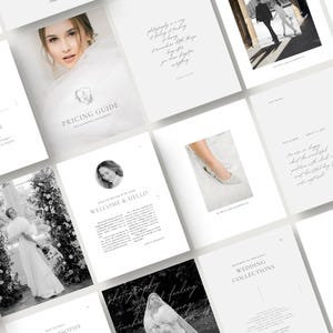 modern elegant wedding photography pricing services guide template for wedding photographers editable in Canva white tint design