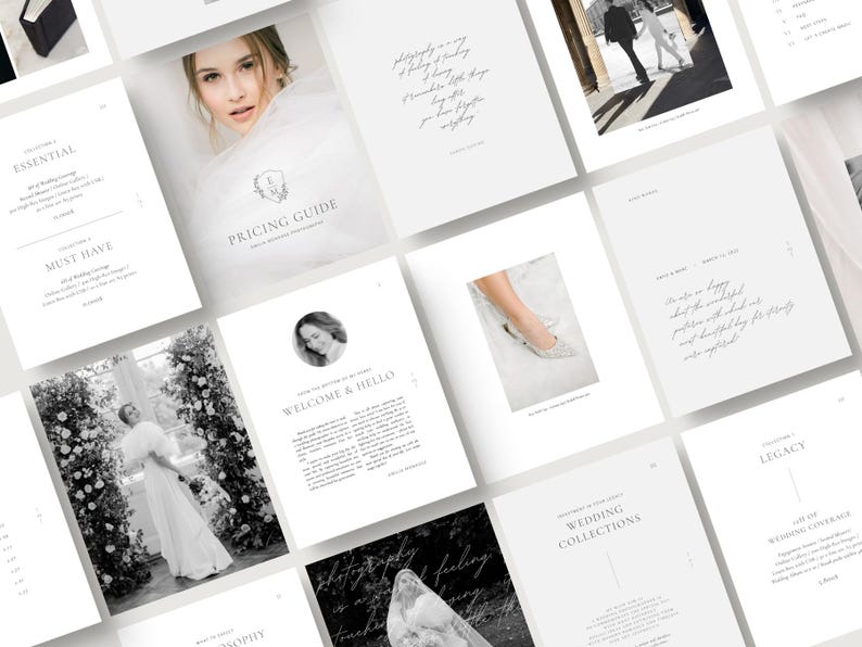 modern elegant wedding photography pricing services guide template for wedding photographers editable in Canva white tint design