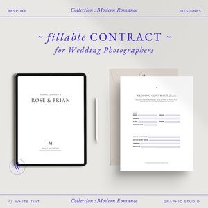 Könnte beinhalten: Ein digitales Tablet-Mockup, das eine ausfüllbare Hochzeitsvertragsvorlage für Fotografen zeigt. Der Vertrag trägt den Titel "Hochzeitsvertrag von Rose & Brian". Der Text "ausfüllbarer VERTRAG für Hochzeitsfotografen" wird über dem Tablet angezeigt.