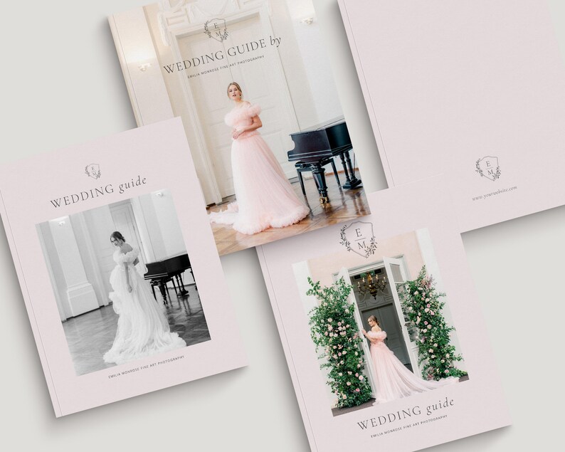 Four different cover variations for a wedding photography welcome guide, offering minimalist and editorial options to match any brand identity.