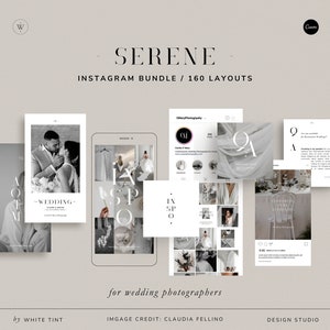 Pacchetto Instagram Canva moderno per fotografi di matrimoni, eleganti storie fotografiche su Instagram e carosello di post, contenuti estetici per i social media
