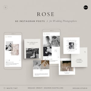 Könnte beinhalten: Eine digitale Marketinggrafik mit dem Wort "ROSE" und dem Text "60 INSTAGRAM POSTS / for Wedding Photographers". Das Bild enthält Mockups von Instagram-Posts mit Hochzeitsfotos und Text in einer neutralen Farbpalette.
