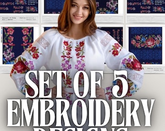 Set of 5 embroidery designs to create folk shirt or dress, Slavic embroidery design, Ukrainian embroidery