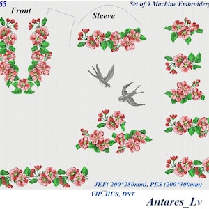 Könnte beinhalten: Set mit 9 Stickmotiven mit rosa Blüten und grünen Blättern. Die Motive umfassen einen Ausschnitt, einen Ärmel und verschiedene Bordüren. Der Text "JEF (200*280mm), PES (200*300mm) VIP, HUS, DST Antares_Lv" ist ebenfalls enthalten.