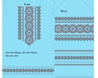May include: A set of four machine embroidery designs for a shirt. The designs are in black and pink on a light blue background. The designs include a front, sleeve, and two borders. The designs are 200mm by 280mm and 180mm by 300mm. The file formats are JEF, PES, VIP, HUS, and DST. The text "W 885" and "Antares_Lv" are also included in the image.