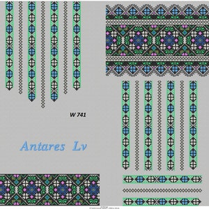 May include: A digital embroidery design featuring a variety of black, white, green, blue, and pink patterns. The design includes a large central pattern with smaller patterns surrounding it. The text "Antares Lv" and "W 741" are also included in the design.