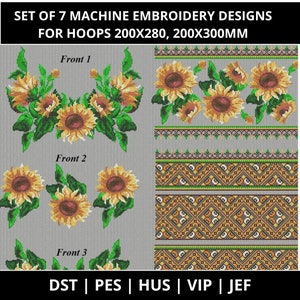 Puede incluir: Conjunto de 7 diseños de bordado a máquina para aros de 200x280 y 200x300 mm. Los diseños presentan girasoles y patrones geométricos en tonos de amarillo, verde, marrón y negro.