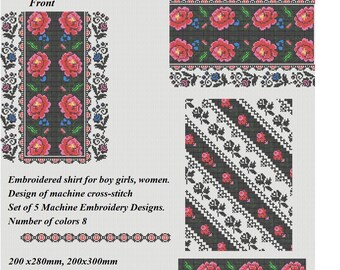 Set of 5 embroidery designs for shirt, machine cross stitch embroidery design, folk embroidery, Slavic embroidery