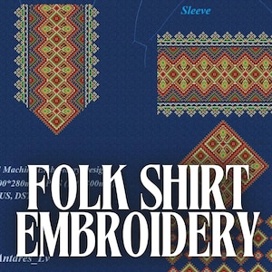 Könnte beinhalten: Ein blaues Stoffdesign mit detaillierter Stickerei. Das Bild zeigt die Vorderseite und den Ärmel eines Hemdes sowie ein rautenförmiges Design. Der Text "FOLK SHIRT EMBROIDERY" ist prominent in Weiß dargestellt.