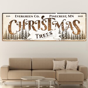 Lienzo decorativo de árboles de Navidad - Letrero de bosque de pinos de Evergreen Farm / Decoración rústica navideña de invierno / Lote de árboles de Navidad en lienzo