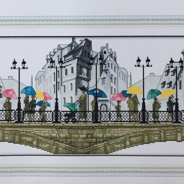 Cross Stitch Kit Umbrellas on a Bridge