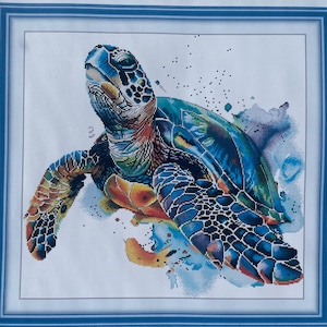 May include: A colorful sea turtle with a blue, green, and orange shell, swimming in a watercolor-style background.