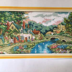 Cross stitch kit Countryside village and river