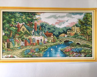 Cross stitch kit Countryside village and river