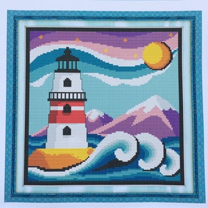 May include: A cross-stitch pattern depicting a white lighthouse with a red band, situated on a yellow rock amidst blue water with white waves. The backdrop is a purple and pink sky with a yellow sun and white clouds.