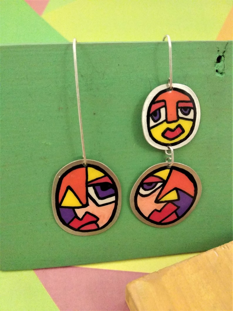 Colors on Metals Triple earrings Silver 925 hook Dangle and drop earrings Cubism art Cubism art jewel Art to wear Handmade earrings
