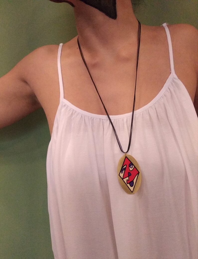 Cubism art pendant Cheerfull pendant Artistic pendant Gold brass pendant Cheerful color necklace Gifts for women Funky drop pendant