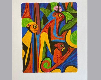Peinture acrylique originale de la troupe sur une planche bercée de 11 x 14 po, singes, jungle, tribal, unique