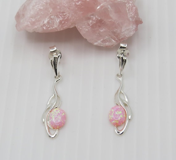 Handmade pink opal drop earrings set in sterling silver