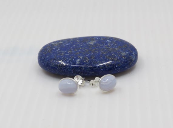 Handmade Blue Lace Agate stud earrings set in sterling silver