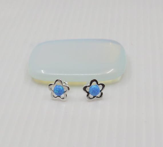 Handmade Blue Opal Studs Set In Sterling Silver