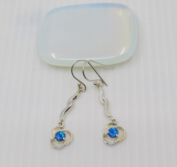 Handmade Blue Opal Drop Earrings Set In Sterling Silver