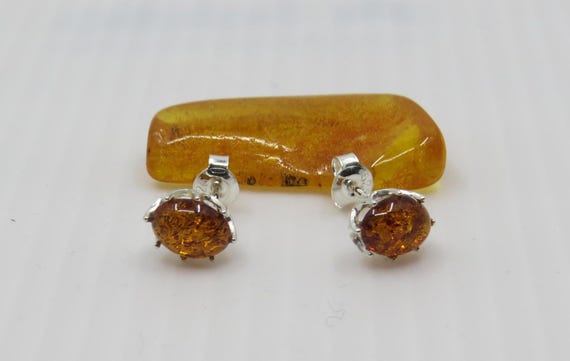Handmade Baltic Amber Studs, Sterling Silver (8x6mm Gemstones)