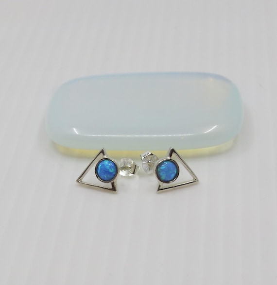 Handmade Blue Opal Triangle Studs Set In Sterling Silver