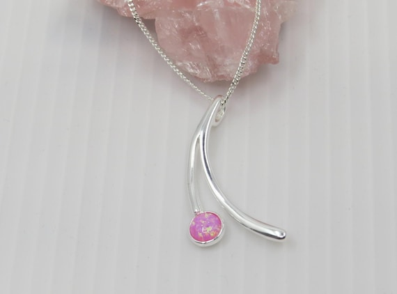 Handmade pink opal modern design pendant set In sterling silver